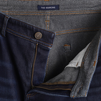 Jean en denim extensible bleu foncé coupe droite taille mi-haute en mélange de coton délavé pour homme, idéal pour l'été et le printemps, lavable au quotidien