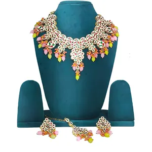Ensemble de collier de mariage indien Meenakari Kundan en rose et jaune - Product Image 3