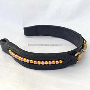 Banda de cuero para cejas de caballo, hecha a mano, de cuero negro, inglés, cosida y decorada con cuentas Rosas y doradas, y deflector de latón pesado entre - Product Image 6