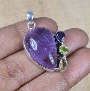 Elegant Purple <b>Amethyst</b> 925 Sterling Silver <b>Pendant</b> with Iolite, Citrine, and Green Peridot - Handmade Multi-Gemstone Jewelry - Product Image 4