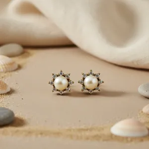 Boucles d'oreilles clous élégantes en plaqué or vintage avec perles et diamants pour femmes, forme géométrique en cœur, bijoux en or rose, mariage, fiançailles - Product Image 3