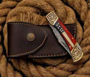 Handmade Wholesale Damascus Steel Folding Pocket Knife American Flag Industrial Grade Outdoor Camping Customizedle with Sheath - Product Image 1