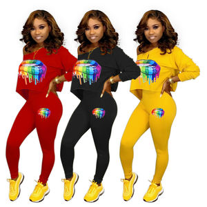 Women <b>Rainbow</b> Lips Print Tracksuit Full Sleeve V-Neck Crop Top & Leggings Set Casual Stretchy Activewear Spring Fashion - Product Image 1