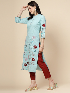 Elegante Kurti de Manga Larga hasta la Rodilla para Mujer, con Bordado Hermoso en Azul y Marrón, 100% Algodón, con Pantalones a Juego, Tendencia de Primavera - Product Image 2