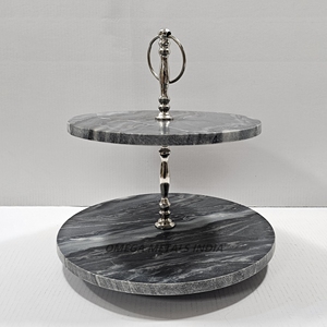 Support à gâteau en marbre gris à deux niveaux de luxe avec poignée argentée pour les collations au dessert et les biscuits et l'affichage élégant de la décoration intérieure - Product Image 2