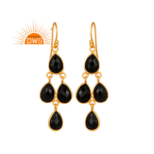 Vente chaude en argent sterling plaqué or 18 carats naturel noir onyx pierres précieuses lustre boucle d'oreille fabricant de bijoux personnalisés - Product Image 1