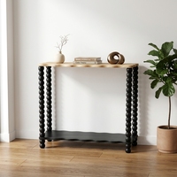 Table console en bois avec pieds en bobine et étagère inférieure ondulée, plateau en bois naturel, cadre noir, table d'appoint pour entrée, salon, mobilier de maison