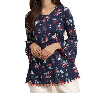 Ensemble décontracté pour femme en coton imprimé floral et rayé, respirant, longueur cheville, motif bleu, coupe régulière, un ensemble inclus - Product Image 1