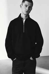 Men's Zip-<b>Top</b> Cotton Polyester Sweatshirt Stand-Up Collar Dropped Shoulder <b>Long</b> Sleeve Loose Fit <b>Black</b> Bland T-Jacket Winter - Product Image 5