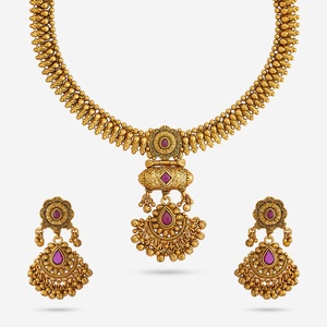 Collier vintage 188141, collier antique pour femme, ensemble de bijoux de mariage en acier inoxydable fin avec zircon, plaqué or - Product Image 1
