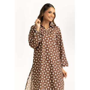 Conjunto Casual de Dos Piezas para Mujer, Estampado en Cambray Marrón, Tallas XS-XL, para Primavera/Verano, Blusa de Manga Tres Cuartos - Product Image 1