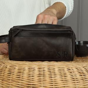 Bolso de afeitar impermeable de cuero hecho a mano personalizado profesional nuevo logotipo mango cierre de cremallera - Product Image 3