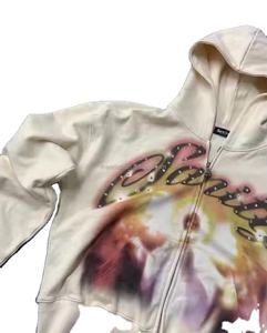 Custom Logo Dtg Print Graphic Cut and Sew Hoodies High Quality 450GSM Cotton Street Wear <b>Cropped</b> Rhinestone <b>Zip</b> <b>up</b> <b>Hoodie</b> Men - Product Image 4