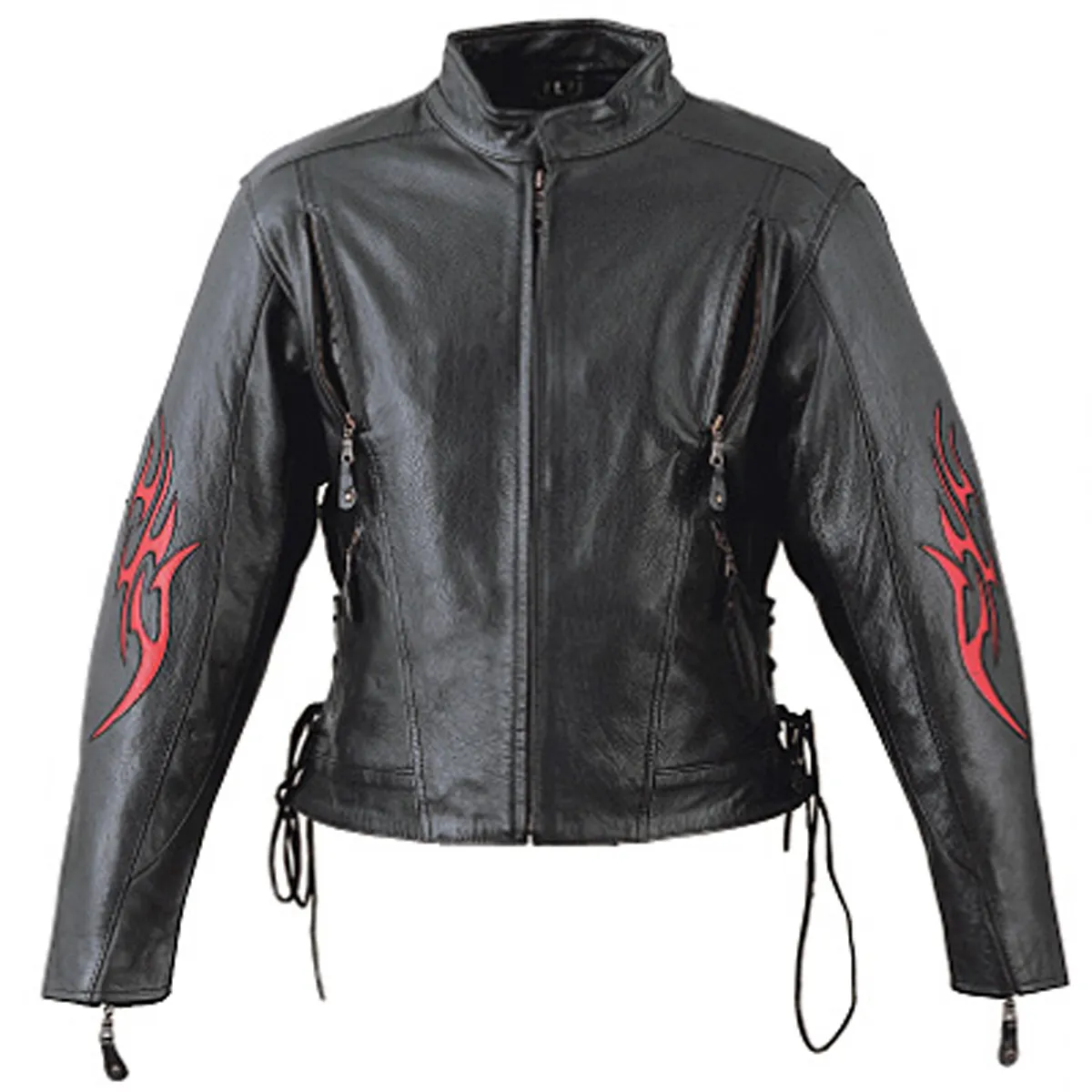 HMB-0255A WOMEN LEATHER MOTORBIKE JACKET BLACK RIDER COATS MOTORCYCLE COAT FLAME STYLE