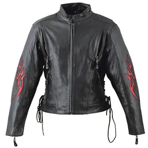 HMB-0255A 여성 가죽 오토바이 재킷 블랙 라이더 코트 오토바이 코트 플레임 스타일