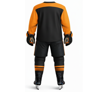 ชุดฮอกกี้น้ำแข็งสีเทาเข้มและสีส้มยอดนิยม - ออกแบบโลโก้ชุดกีฬาของคุณเอง เสื้อเจอร์ซีย์ลายเส้นไขว้เรขาคณิต - Product Image 2