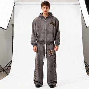 Wholesale Custom Men Leopard Streetwear Tracksuit Rhinestone Embroidery Hoodie and Flared Jogger <b>Sweatpants</b> <b>Set</b>. - Product Image 6