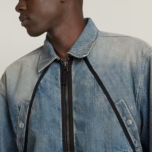 แจ็กเก็ตยีนส์ของผู้ชายผ้าโพลีเอสเตอร์/ ผ้าฝ้ายผสมสีพื้นลำลองมีกระเป๋าโลโก้ด้านหน้าบาง - Product Image 5