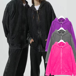 Venta al por mayor a granel 400 Gsm algodón Vintage lavado con ácido Stonewashed sudaderas con cremallera de gran tamaño sudaderas para hombres para invierno DDP envío - Product Image 1