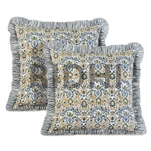 Ridhi Handmade Blue Floral <b>Ruffle</b> Cotton Western Style Hand Block Print Removable Washable Square Zipper Closure Throw Pillow - Product Image 1