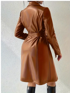 Manteau long en similicuir PU pour femme grande taille, coupe-vent, chaud, pour l'hiver, avec ceinture, style décontracté, manteau long en cuir pour femme - Product Image 4