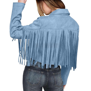 Chaqueta corta con flecos de gamuza azul cielo bohemio Vintage para mujer abrigo de solapa frontal abierto de manga larga con borlas, estilo de otoño transpirable - Product Image 6