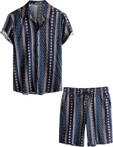 Casual Vintage Pattern Pantsuits <b>Men</b> Summer <b>Short</b> Sleeve Lapel Shirts and <b>Long</b> Pant Outfits <b>Men</b> Clothing Fashion Two Piece Set - Product Image 1