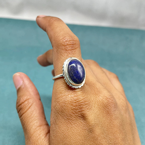 925 Silver Natural Lapis Lazuli <b>Statement</b> <b>Ring</b> with Oval Cut Diamond Bezel Setting for Weddings Engagement or Gifts - Product Image 1