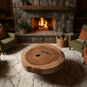 Table basse ronde moderne en bois de suar massif avec plateau épais et pieds cylindriques en bois, durable pour le salon - Product Image 6