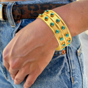 Gold Cuff Bangle <b>Bracelet</b> Turquoise <b>Stone</b> Accents Handmade 18K Gold Plated Statement Jewelry Fine Jewelry for Women Party Gift - Product Image 2
