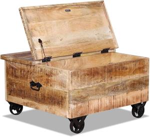 Table basse industrielle moderne de forme carrée en manguier brut avec 5 tiroirs, grand compartiment de rangement sur 4 roulettes - Product Image 3