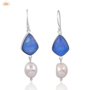 Blue Aurora <b>Opal</b> & Pearl Gemstone Beautiful Handmade Dangle Ear Wire Women <b>Earrings</b> Custom Hand Made Jewellery Manufracturer - Product Image 2