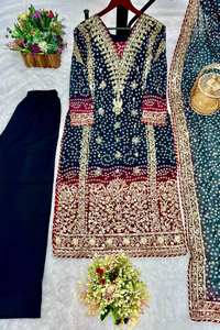 Diseñador paquistaní impreso Georgette totalmente bordado secuencia trabajo listo Salwar Kameez cosido traje para mujeres - Product Image 5