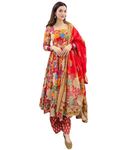 Salwar Kameez Tradicional Indio de Algodón Chanderi con Estampado Floral Atrevido, Ropa de Fiesta de Secado Rápido, Elegante, Cómodo, Informal para Todas las Temporadas - Product Image 1