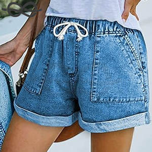 Short en jean décontracté pour femmes taille haute déchiré jean court extensible cordon taille élastique à la mode confortable - Product Image 3