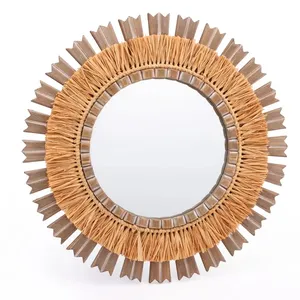 Hot Item Vietnam Natural Wooden Vintage Wall Mounted Mirror Antique Wicker Straw Wall Hanging Mirror Wholesale Home Decoration