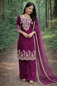 ชุดส่าหรีผ้าไหม GMY สีม่วงล้วน ปักลายหนักและประดับด้วยลูกปัด น้ำหนักเบา เย็บอย่างประณีต สำหรับผู้หญิงหรือเด็กผู้หญิง - Product Image 3