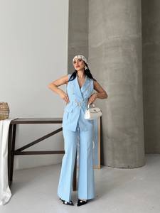 Women's Light Blue Sleeveless <b>Blazer</b> Vest With Wide Leg Trousers <b>Set</b> Formal Double Breasted Two Piece Suit Notched Collar - Product Image 2