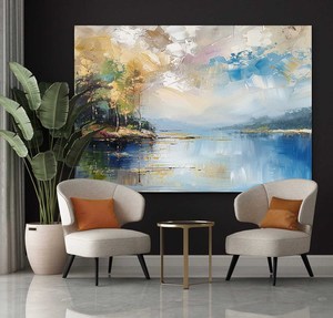 Peinture murale abstraite sur toile bleue et dorée, peinture à l'huile sur toile peinte à la main, art contemporain pour décoration intérieure, sans cadre - Product Image 3