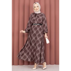 Modest Style <b>Brown</b> Chiffon Hijab Dress Plaid Pattern Breathable Fabric Bow Neckline Natural Gathered Waist Wrap <b>Tie</b> Detail - Product Image 3