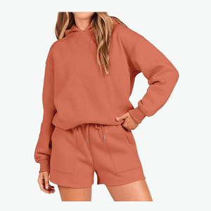 New Arrival Women's Regular Fit Hoodie and Shorts <b>Set</b> Custom Embroidered Logo 100% Cotton 320gsm Casual <b>Knitting</b> Hip Hop Style - Product Image 6