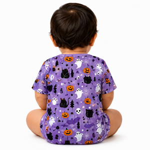 Vente en gros de combinaisons pour bébés unisexes imprimées pour Halloween, combinaison courte à manches courtes pour bébés avec imprimé fantôme, citrouille, chauve-souris, crâne, toile d'araignée - Product Image 6