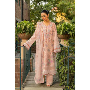 Ensemble 3 pièces MAHNUR en mousseline de soie, chemise respirante brodée à col en V et manches longues, dupatta en filet Khaadi et pantalon pour printemps/été - BIC-4668 - Product Image 1