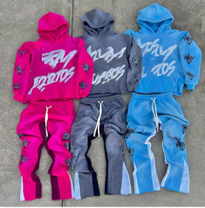 Custom Logo <b>Slim</b> Fit Plus Size Distressed Embroidery <b>Patch</b> 100% Cotton Tracksuit Set with Fleece Solid Sweatpants & Hoodies - Product Image 5