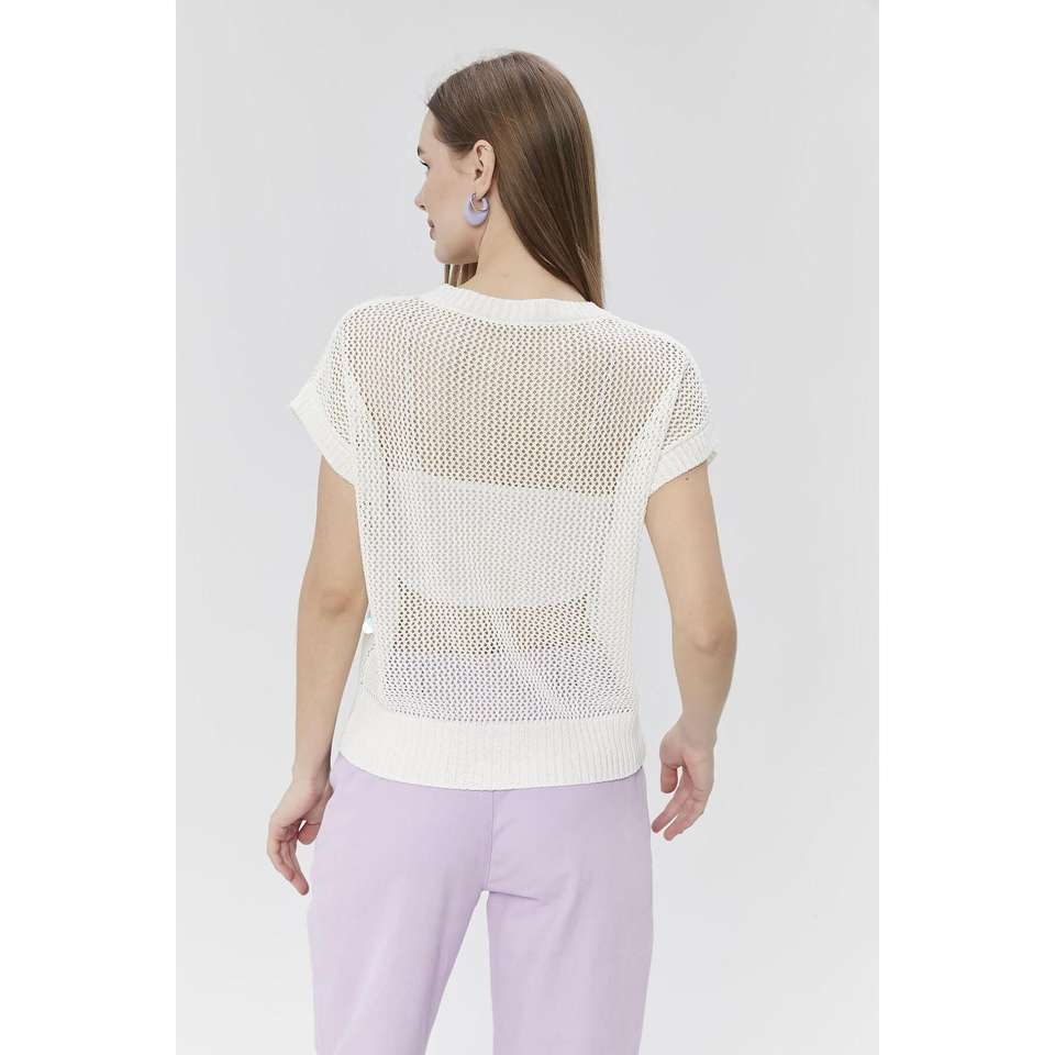 7567-Women's Openwork Sequin Detailed Sweater Blouse Crop Undershirt - Bone