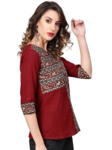 Haut régulier en coton slub marron imprimé kalamkari avec encolure en forme de trou de serrure et manches 3/4, taille S, conçu pour un port quotidien doux - Product Image 2