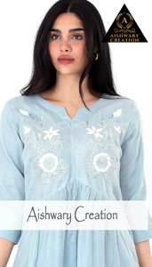 Robe longue en coton pour femme, élégante, broderie florale, manches trois quarts, confortable, pour l'été, usage quotidien, exportateur - Product Image 2