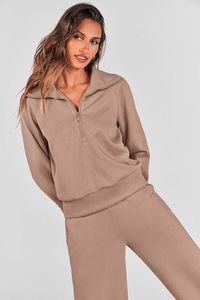 Conjuntos de 2 piezas para mujer, sudaderas informales con solapa y media cremallera y pantalones de pierna ancha, conjuntos de chándal - Product Image 5