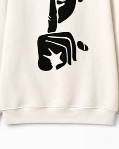 Mens cream sweatshirt long sleeve pullover with abstract minimalist <b>face</b> line <b>art</b> modern casual streetwear - Product Image 4