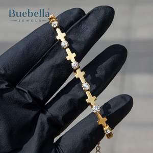 6mm 18K Gold and 925 Sterling Silver Plated Round Brilliant Cut Moissanite Cross Chain & Link Hiphop Bracelet <b>for</b> <b>Men</b> - Product Image 4